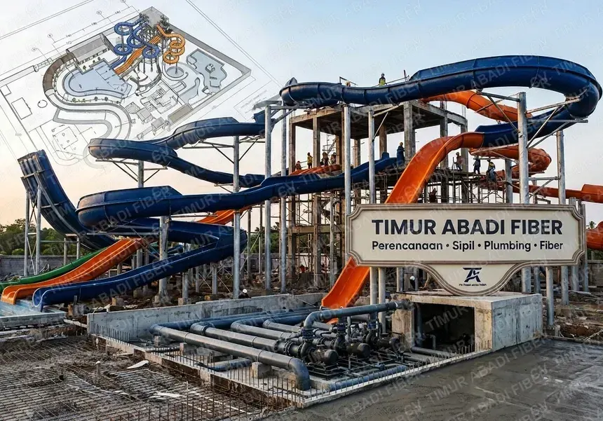 Kartu proyek wahana seluncur waterpark oleh CV. Timur Abadi Fiber — perencanaan, sipil, plumbing, dan fiber