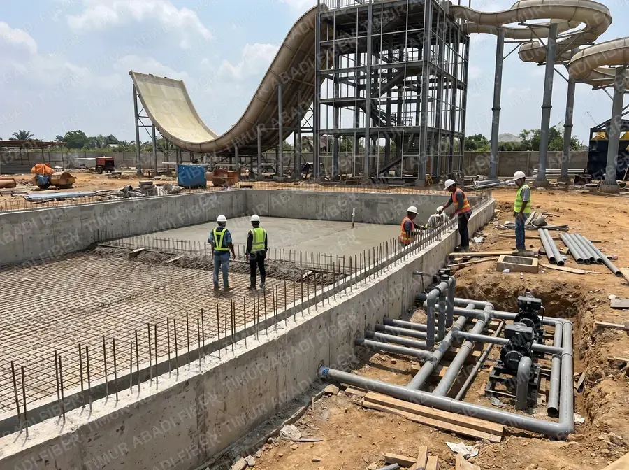Konstruksi waterpark — pekerjaan sipil kolam dan menara seluncur oleh CV. Timur Abadi Fiber