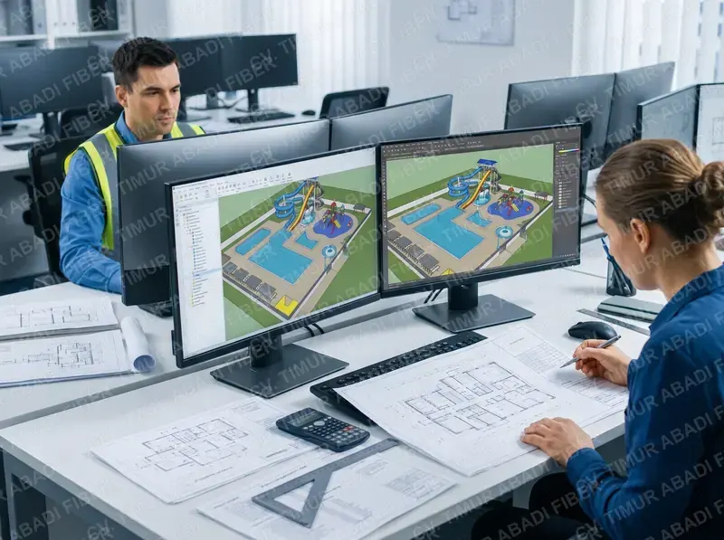 Desain 3D & RAB waterpark — blueprint visual wahana seluncur fiberglass