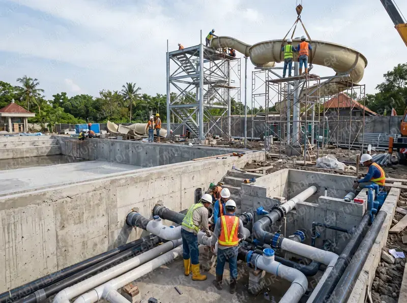 Pekerjaan sipil, plumbing & instalasi wahana waterpark oleh tim teknisi
